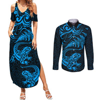 New Zealand Tuatara Tribal Tattoo Couples Matching Summer Maxi Dress and Long Sleeve Button Shirt Silver Fern and Maori Pattern Blue Color LT03 Blue - Polynesian Pride