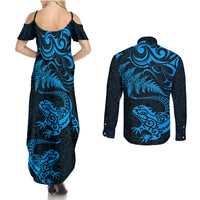New Zealand Tuatara Tribal Tattoo Couples Matching Summer Maxi Dress and Long Sleeve Button Shirt Silver Fern and Maori Pattern Blue Color LT03 - Polynesian Pride