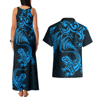 New Zealand Tuatara Tribal Tattoo Couples Matching Tank Maxi Dress and Hawaiian Shirt Silver Fern and Maori Pattern Blue Color