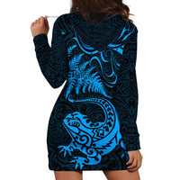 New Zealand Tuatara Tribal Tattoo Hoodie Dress Silver Fern and Maori Pattern Blue Color LT03 - Polynesian Pride
