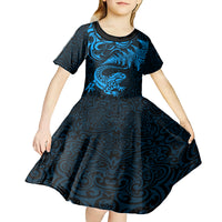 New Zealand Tuatara Tribal Tattoo Kid Short Sleeve Dress Silver Fern and Maori Pattern Blue Color LT03 - Polynesian Pride