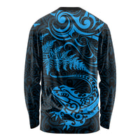 New Zealand Tuatara Tribal Tattoo Long Sleeve Shirt Silver Fern and Maori Pattern Blue Color