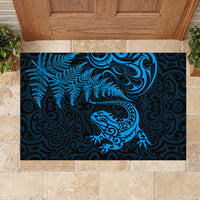 New Zealand Tuatara Tribal Tattoo Rubber Doormat Silver Fern and Maori Pattern Blue Color