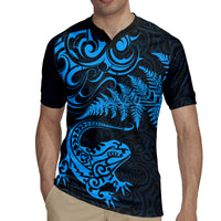 New Zealand Tuatara Tribal Tattoo Rugby Jersey Silver Fern and Maori Pattern Blue Color LT03 - Polynesian Pride