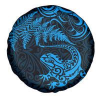 New Zealand Tuatara Tribal Tattoo Spare Tire Cover Silver Fern and Maori Pattern Blue Color