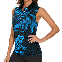 New Zealand Tuatara Tribal Tattoo Women Sleeveless Polo Shirt Silver Fern and Maori Pattern Blue Color