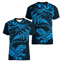 New Zealand Tuatara Tribal Tattoo Women V-Neck T-Shirt Silver Fern and Maori Pattern Blue Color