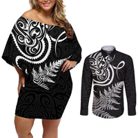 New Zealand Octopus Tattoo and Fern Couples Matching Off Shoulder Short Dress and Long Sleeve Button Shirt Maori Pattern LT03 Black - Polynesian Pride