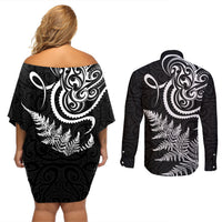 New Zealand Octopus Tattoo and Fern Couples Matching Off Shoulder Short Dress and Long Sleeve Button Shirt Maori Pattern LT03 - Polynesian Pride