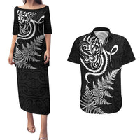 New Zealand Octopus Tattoo and Fern Couples Matching Puletasi and Hawaiian Shirt Maori Pattern LT03 Black - Polynesian Pride