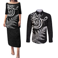 New Zealand Octopus Tattoo and Fern Couples Matching Puletasi and Long Sleeve Button Shirt Maori Pattern LT03 Black - Polynesian Pride