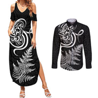 New Zealand Octopus Tattoo and Fern Couples Matching Summer Maxi Dress and Long Sleeve Button Shirt Maori Pattern LT03 Black - Polynesian Pride