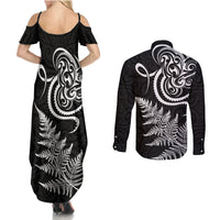 New Zealand Octopus Tattoo and Fern Couples Matching Summer Maxi Dress and Long Sleeve Button Shirt Maori Pattern LT03 - Polynesian Pride