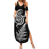 New Zealand Octopus Tattoo and Fern Summer Maxi Dress Maori Pattern LT03 Women Black - Polynesian Pride