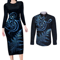 New Zealand Octopus Tattoo and Fern Couples Matching Long Sleeve Bodycon Dress and Long Sleeve Button Shirt Maori Pattern Matariki Style LT03 Blue - Polynesian Pride