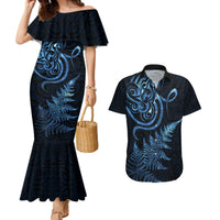 New Zealand Octopus Tattoo and Fern Couples Matching Mermaid Dress and Hawaiian Shirt Maori Pattern Matariki Style LT03 Blue - Polynesian Pride