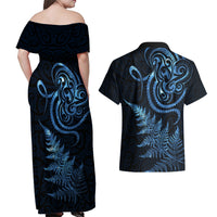 New Zealand Octopus Tattoo and Fern Couples Matching Off Shoulder Maxi Dress and Hawaiian Shirt Maori Pattern Matariki Style LT03 - Polynesian Pride