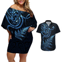 New Zealand Octopus Tattoo and Fern Couples Matching Off Shoulder Short Dress and Hawaiian Shirt Maori Pattern Matariki Style LT03 Blue - Polynesian Pride