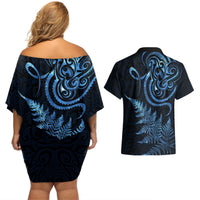 New Zealand Octopus Tattoo and Fern Couples Matching Off Shoulder Short Dress and Hawaiian Shirt Maori Pattern Matariki Style LT03 - Polynesian Pride