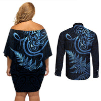 New Zealand Octopus Tattoo and Fern Couples Matching Off Shoulder Short Dress and Long Sleeve Button Shirt Maori Pattern Matariki Style LT03 - Polynesian Pride