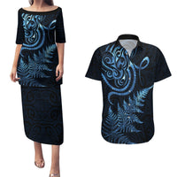 New Zealand Octopus Tattoo and Fern Couples Matching Puletasi and Hawaiian Shirt Maori Pattern Matariki Style LT03 Blue - Polynesian Pride