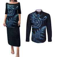 New Zealand Octopus Tattoo and Fern Couples Matching Puletasi and Long Sleeve Button Shirt Maori Pattern Matariki Style LT03 Blue - Polynesian Pride