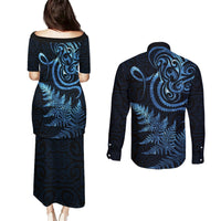 New Zealand Octopus Tattoo and Fern Couples Matching Puletasi and Long Sleeve Button Shirt Maori Pattern Matariki Style LT03 - Polynesian Pride