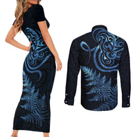 New Zealand Octopus Tattoo and Fern Couples Matching Short Sleeve Bodycon Dress and Long Sleeve Button Shirt Maori Pattern Matariki Style LT03 - Polynesian Pride