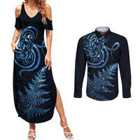 New Zealand Octopus Tattoo and Fern Couples Matching Summer Maxi Dress and Long Sleeve Button Shirt Maori Pattern Matariki Style LT03 Blue - Polynesian Pride