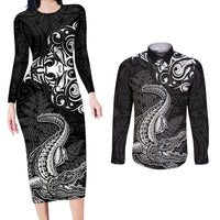 New Zealand Crocodile Tattoo and Fern Couples Matching Long Sleeve Bodycon Dress and Long Sleeve Button Shirt Maori Pattern LT03 Black - Polynesian Pride