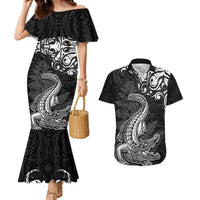 New Zealand Crocodile Tattoo and Fern Couples Matching Mermaid Dress and Hawaiian Shirt Maori Pattern LT03 Black - Polynesian Pride