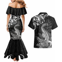 New Zealand Crocodile Tattoo and Fern Couples Matching Mermaid Dress and Hawaiian Shirt Maori Pattern LT03 - Polynesian Pride