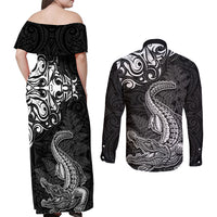 New Zealand Crocodile Tattoo and Fern Couples Matching Off Shoulder Maxi Dress and Long Sleeve Button Shirt Maori Pattern
