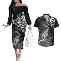 New Zealand Crocodile Tattoo and Fern Couples Matching Off The Shoulder Long Sleeve Dress and Hawaiian Shirt Maori Pattern