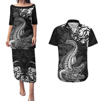New Zealand Crocodile Tattoo and Fern Couples Matching Puletasi and Hawaiian Shirt Maori Pattern LT03 Black - Polynesian Pride