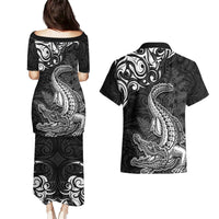 New Zealand Crocodile Tattoo and Fern Couples Matching Puletasi and Hawaiian Shirt Maori Pattern LT03 - Polynesian Pride