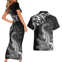 New Zealand Crocodile Tattoo and Fern Couples Matching Short Sleeve Bodycon Dress and Hawaiian Shirt Maori Pattern LT03 - Polynesian Pride