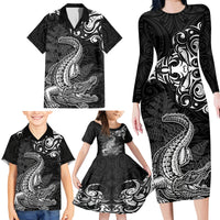 New Zealand Crocodile Tattoo and Fern Family Matching Long Sleeve Bodycon Dress and Hawaiian Shirt Maori Pattern LT03 - Polynesian Pride
