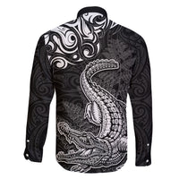 New Zealand Crocodile Tattoo and Fern Family Matching Long Sleeve Bodycon Dress and Hawaiian Shirt Maori Pattern LT03 - Polynesian Pride