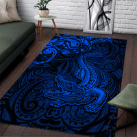 New Zealand Crocodile Tattoo and Fern Area Rug Maori Pattern Blue Color