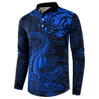 New Zealand Crocodile Tattoo and Fern Button Sweatshirt Maori Pattern Blue Color