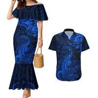 New Zealand Crocodile Tattoo and Fern Couples Matching Mermaid Dress and Hawaiian Shirt Maori Pattern Blue Color LT03 Blue - Polynesian Pride