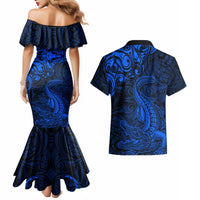 New Zealand Crocodile Tattoo and Fern Couples Matching Mermaid Dress and Hawaiian Shirt Maori Pattern Blue Color LT03 - Polynesian Pride