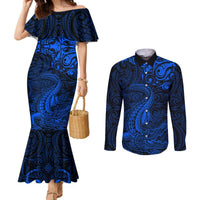 New Zealand Crocodile Tattoo and Fern Couples Matching Mermaid Dress and Long Sleeve Button Shirt Maori Pattern Blue Color LT03 Blue - Polynesian Pride