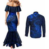 New Zealand Crocodile Tattoo and Fern Couples Matching Mermaid Dress and Long Sleeve Button Shirt Maori Pattern Blue Color LT03 - Polynesian Pride