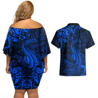 New Zealand Crocodile Tattoo and Fern Couples Matching Off Shoulder Short Dress and Hawaiian Shirt Maori Pattern Blue Color LT03 - Polynesian Pride