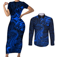 New Zealand Crocodile Tattoo and Fern Couples Matching Short Sleeve Bodycon Dress and Long Sleeve Button Shirt Maori Pattern Blue Color LT03 Blue - Polynesian Pride