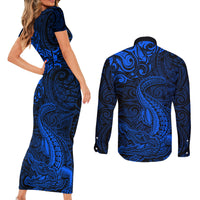 New Zealand Crocodile Tattoo and Fern Couples Matching Short Sleeve Bodycon Dress and Long Sleeve Button Shirt Maori Pattern Blue Color LT03 - Polynesian Pride