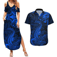 New Zealand Crocodile Tattoo and Fern Couples Matching Summer Maxi Dress and Hawaiian Shirt Maori Pattern Blue Color LT03 Blue - Polynesian Pride