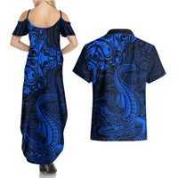 New Zealand Crocodile Tattoo and Fern Couples Matching Summer Maxi Dress and Hawaiian Shirt Maori Pattern Blue Color LT03 - Polynesian Pride
